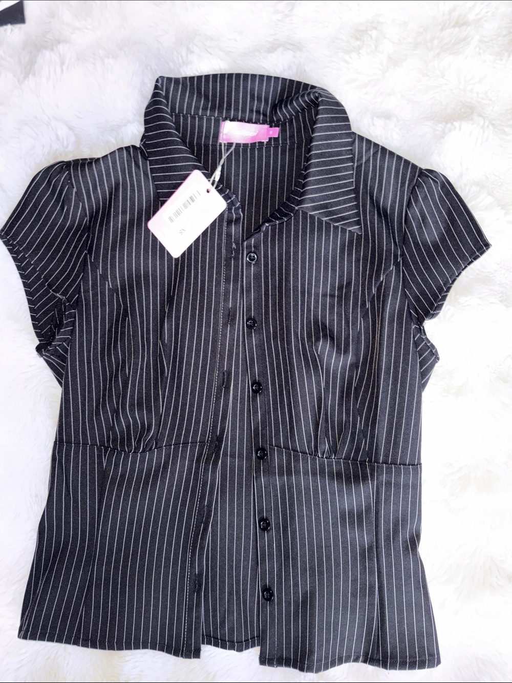 Edikted Black White Pinstripe Short Sleeve Button-Front Shirt